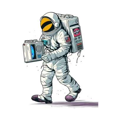 a retro carton style illustration of a man in a space suit, walking and holding a 90's cassette boombox on his shoulder, clipart, white background, childrens comic book, pop art