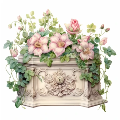 very beautiful Box Flower Planter, white background, clipart with pastel color, detailed and lovely Renaissance painting