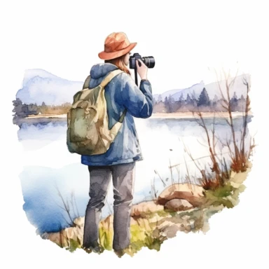 Create a watercolor clipart of a photographer capturing a beautiful landscape or an interesting subject