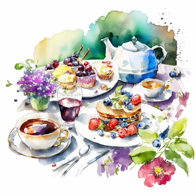 digital watercolor clipart of summer breakfast time in a garden picknic family tea in the table garden colorful on a white background