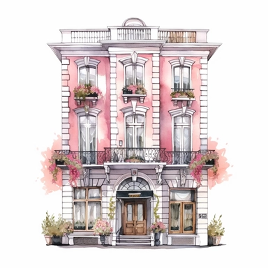 hand drawn , watercolor, hyper realistic, white background, white margins, 16k, ultra detailed clipart, cut out image, hand-drawn, ultra HD, sharp and clean art a vintage hotel with delicate floral , capturing the romantic and feminine aesthetics often associated with vintage fashion and travel. light pink pastel