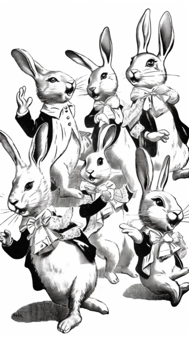 jubilant 1910's Clipart of Easter bunnys, vector, black and white