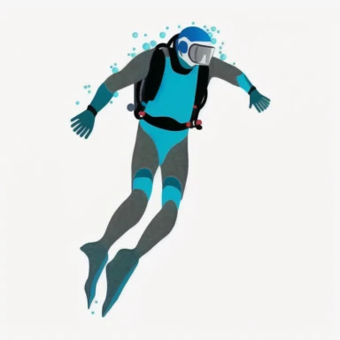 diver at bottom of ocean, transparent white background, flat clipart style