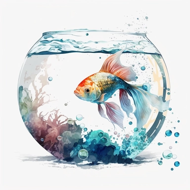 Watercolor fish inside aquarium, clipart, white background, no text