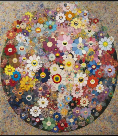 a painting of many different colored flowers, a pointillism painting, by Takashi Murakami, gutai group, post - minimalism, large patches of plain colours, jake parker, everything enclosed in a circle, naturalistic technique, minion with many many many eyes, nancy grossman, listing image, clipart, prairie, round-cropped