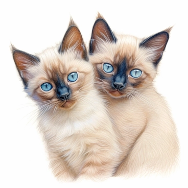 2 fuzzy Siamese kittens, color pencil sketch on a white background for clipart