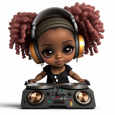 Black hip hop chibi girl png clipart, pink hair color, black hip hop girl, African American black girl dj behind turntable, 3d, white background