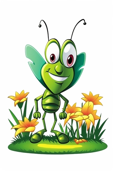 Cricket nice and cute insect, black outline only, 4k, quality, detailed, clipart, clipart, sticker, cute, countryside landscape, smile, black outline only, cartoon illustration black and white high contrast happy cartoon, cartoon illustration of style, children's book illustration,