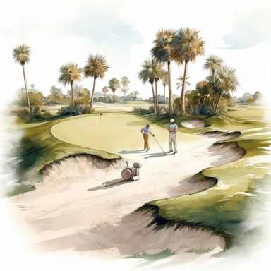 Idyllic watercolor clipart of a Florida golf course sand trap scene with 3 golfers in Springtime, isolated on a pure white background, insane detail,