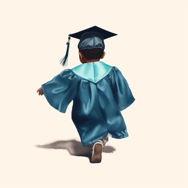 a black toddler graduate, with a turquoise graduation cap, afro, 3k graduation, backview, jumping, faceless, bold watercolor clipart