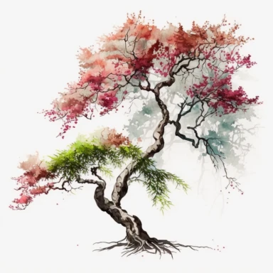 Watercolor, Japanese Maple Tree, old, long branches, Clipart, springtime japanese tree, grass, white background