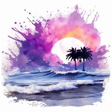 Futuristic Grey Black Purple Watercolor Paintsplash Beach Ocean Retro Sunset Clipart Colorful and white Background