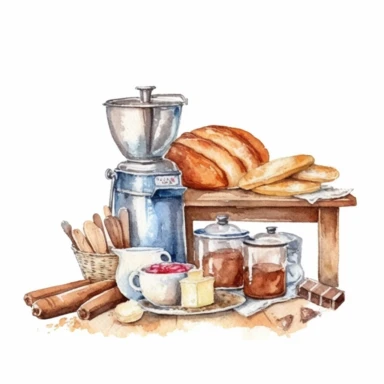 Still life illustration with kitchen equipment. Watercolor composition with baking tools, flour, eggs, butter, cinnamon sticks, cake on stand Bakery menu, pastry shop. Vintage rustic style clip art
