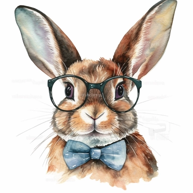 Bunny in Glasses Watercolor illustrations Clipart , Watercolor Rabbit Clipart, Bowtie Bow tie, nursery illustration style artistic and delicate children's book illustration, isolated on white background, by LisaGlanzGraphic