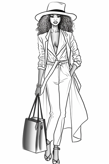 coloring pages for adults, clean lines, beautiful african american women, clipart, fashion, full body, hat, purse, heels, pants, jacket, shirt, handbag, boss