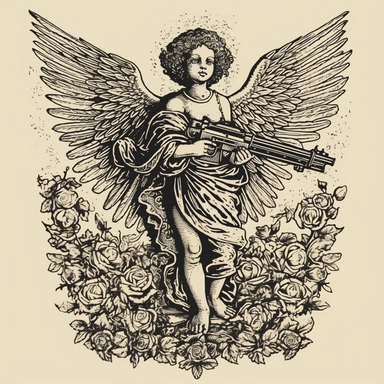 a woodcut vector tattoo drawing of a a full body cherub holding a gun with the text you angel, in the style of realist accuracy, grindcore, andrew boog faithfull, album covers, xmaspunk, appropriation artist, group f/64 , an engraving, pexels, baroque, wide angel shot, photostock, tilt up angle, clipart, top down shot, stippling, harness, asmodeus, perfect angle, male, flying shot. cupid clipart vector free stock vector and royalty free image, in the style of renaissance realism, detailed cross-