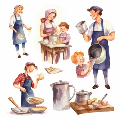 multiple poses characters of a family including dad, mom and kid. thay are enjoy cooking inthe kitchen , watercolor in medieval cartoon grunge style clipart on white background