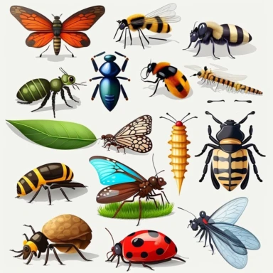 clipart of bumblebee, butterfly, dragonfly, ladybug, mantis, cricket, caterpillar. transparent background, simple, cartoon, illustration, high resolution
