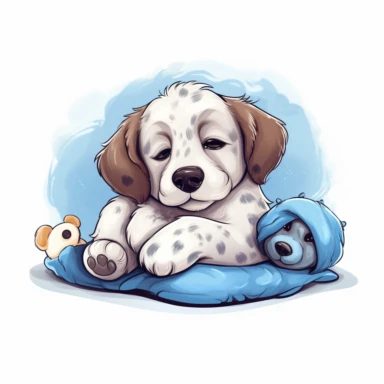 Visualize a content clipart puppy lying on a soft pillow, with a sleepy expression and a plush toy beside it, ready for a nap on a white background.