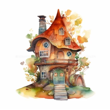 watercolor clipart of a tiny elf house with small details, vibrant colors, magical, mystical, celestial, high quality watercolor image on white background