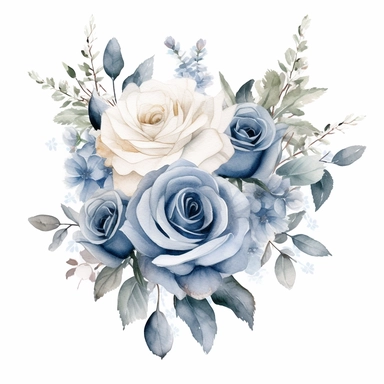 Watercolor faded dusty blue roses clipart, rose floral bouquet, white background