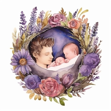Compose a heartwarming hand-drawn watercolor clip art image portraying a family gift niche with birth flowers representing a family of three. Customize the image by selecting birth flowers for each family member: a February baby (Violet), a July baby (Larkspur), and a September baby (Aster). Add whimsical elements such as butterflies, birds, or even a small family pet to create a sense of joy and playfulness within the artwork.