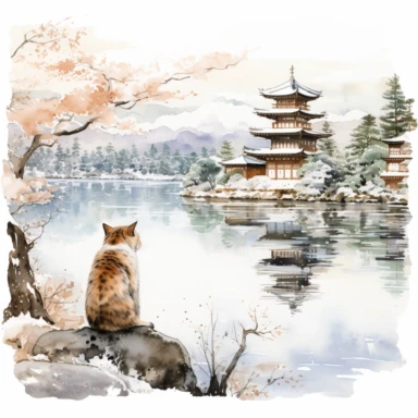 Ragdoll Cat wearing a Japanese kimono wanders by the lake in front of Kinkakuji (Golden Pavilion) Temple in Kyoto, admires the golden architecture in contrast with the snowy white scenery. Clipart Watercolor By Yuzo Komori. clean line, on white background only, spaced out, with space around.