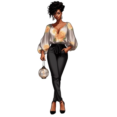 Hot black girl with floral print lantern sleeve tie neck blouse, black pants and sandals, watercolor style, clipart solid white background