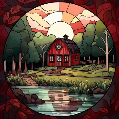 clipart stainglass dark red barn with peeling paint in a open meadow surrounded by trees and a small creek