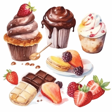 watercolor style, chocolate and fruit dessert variations, hyper realistic detailed clipart, on a white background