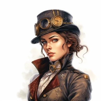 Solid white background. Waist-up illustration of a confident steampunk woman, her focused gaze and slight smirk embodying her assertive personality. Her snow-white skin and deep chestnut hair beautifully contrast her bronze and iron ensemble, a perfect blend of Victorian fashion and steampunk design. Instead of a hat, a clockwork-inspired hairpiece adorns her loose curls. No steampunk elements are depicted in the background. Pastel clipart, hyper-realistic, retro-futurism, solid white background