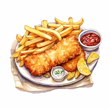 a delightful watercolor, hyper-realistic clipart image with a white background and white margins, showcasing a plate of crispy fish and chips. The ultra-detailed, hand-drawn elements capture the golden batter and tender fish. Use whimsical touches to add a sense of freshness, and bold shades of yellow and brown to evoke the comforting and satisfying nature of this classic fast food dish