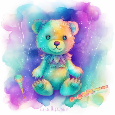 watercolor teddy bear clipart, Mermaid, Neuralyzer, Showing the Emotion of Excitement, Spiritcore, Fractal Environment, Beautiful Lighting, Vibrant Color, Spatialism style, Graph style, Amanda Sage style,