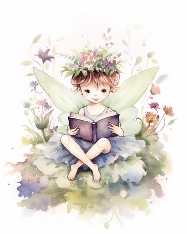 very simple watercolour childrens book style drawing of a cute fairy reading a book surrounded by flowers, pastel colours soft on white background for clipart, 8k