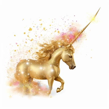 one gold glitter unicorn clipart with a rainbow an fluffy gold clouds,, white background