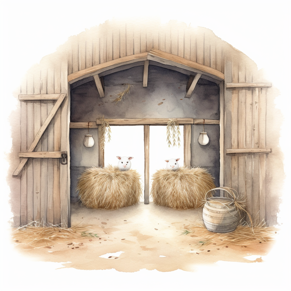 A Watercolor Painting Inside A Cute Old Open Barn With Hay And Straw 