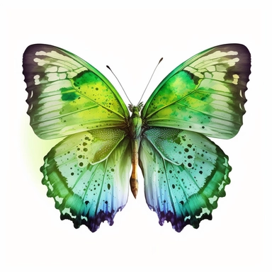 watercolor butterfly clipart, exotic flying butterfly, full green, bright color, no outlines, white background, no text