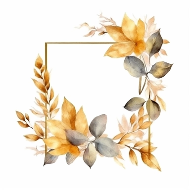 beautiful golden elegant simple square foliage frame, clipart watercolour style, isolated white background, 8k