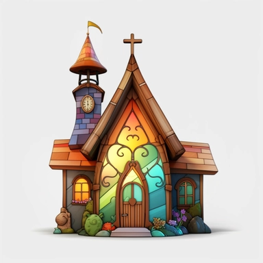 a little cartoon church, pixar, clipart, stained glass windows, cross on top, blank background, sharp lines, 8k