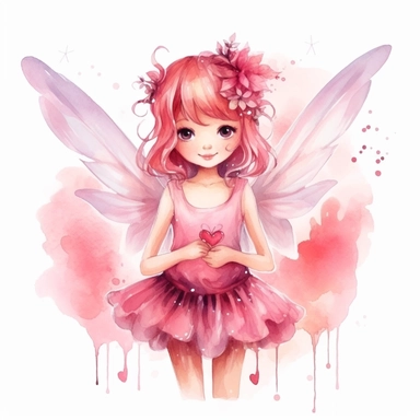 cute adorable forest fairy, pink forest fairy, fairy with wings, fairy loves hearts, fairy is happy smiling, fairy, watercolour illustration, soft light, fairy forest, clipart