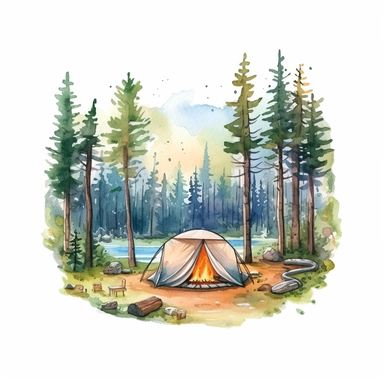 Create a hand drawn watercolor clipart featuring serene forest landscape with tall trees, winding paths, and wildlife, creating a peaceful camping ambiance, 4k