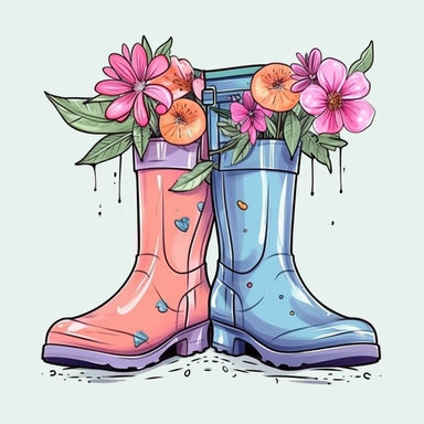 Spring Garden Rain Boots Design - Rain Boots with Flowers Clipart style by Lucy Fleming, watercolor, smooth gradients, black contour outline, ultra detailed, clipart elements, delicate pastel colors, solid white background, super clear, high quality