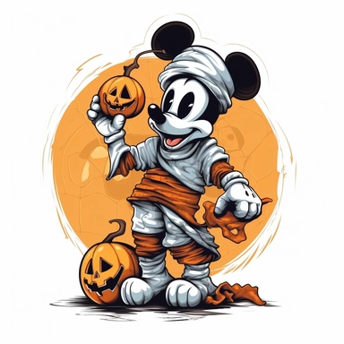 Mickey with a mummy costume, with a pumpkin, dark and bright halloween, t-shirt design graphic, clipart, vector, border, white background