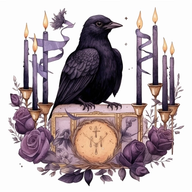 a crow with candles and tarot cards, an art piece and some watercolor, in the style of wallpaper, gothic aesthetic, dark-purple and gold, isolated, magical, witchcore, animal figurines clipart white background