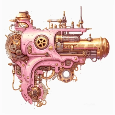a close up of a pink and gold colored machine with a pink and gold colored machine, inspired by Greg Staples, cute detailed digital art, speculative fashion, old scroll, rat kind mecha, james jean aesthetic, steampunk aesthetic PNG steampunk fantasy watecolor style white background Clipart -