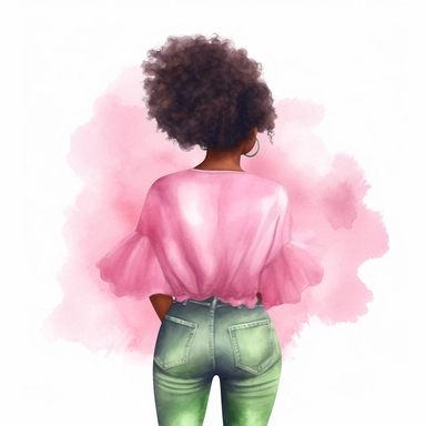 black woman afro hair, backview, big afro hair, pink shirt, green ballerina tutu skirt, detailed soft illustration, watercolor clipart