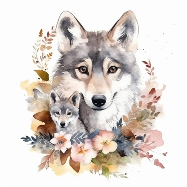 woodland animal cute baby wolf with mother watercolor clipart detailed
