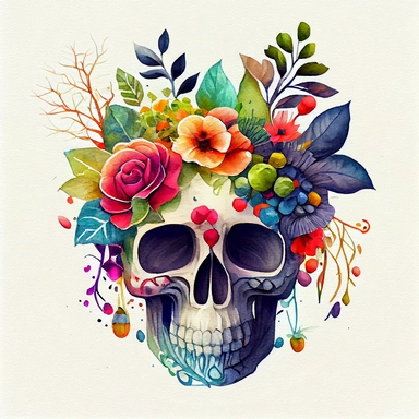 Watercolor floral skull for halloween and day of the dead design, white background, watercolor ,cartoon illustration , extremely detailed,cartoon, clipart, white background, 8k, hd