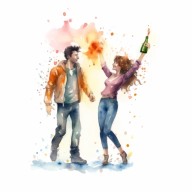 excited COUPLE, popping a bottle of champagne, toasting to their new life together, watercolor, Pixar style, Clipart on a white background
