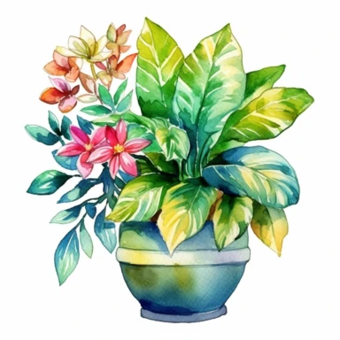 A vibrant watercolor clipart image capturing the beauty of a house plant in full bloom. The plant's lush green leaves and delicate flowers are depicted with bold brushstrokes and vivid colors, emanating a sense of energy and vibrancy. The artwork showcases the plant in a decorative pot, adorned with intricate patterns and vibrant hues. This captivating clipart is perfect for designs that aim to celebrate the beauty of nature, infusing them with a burst of natural freshness and joy. /clipart